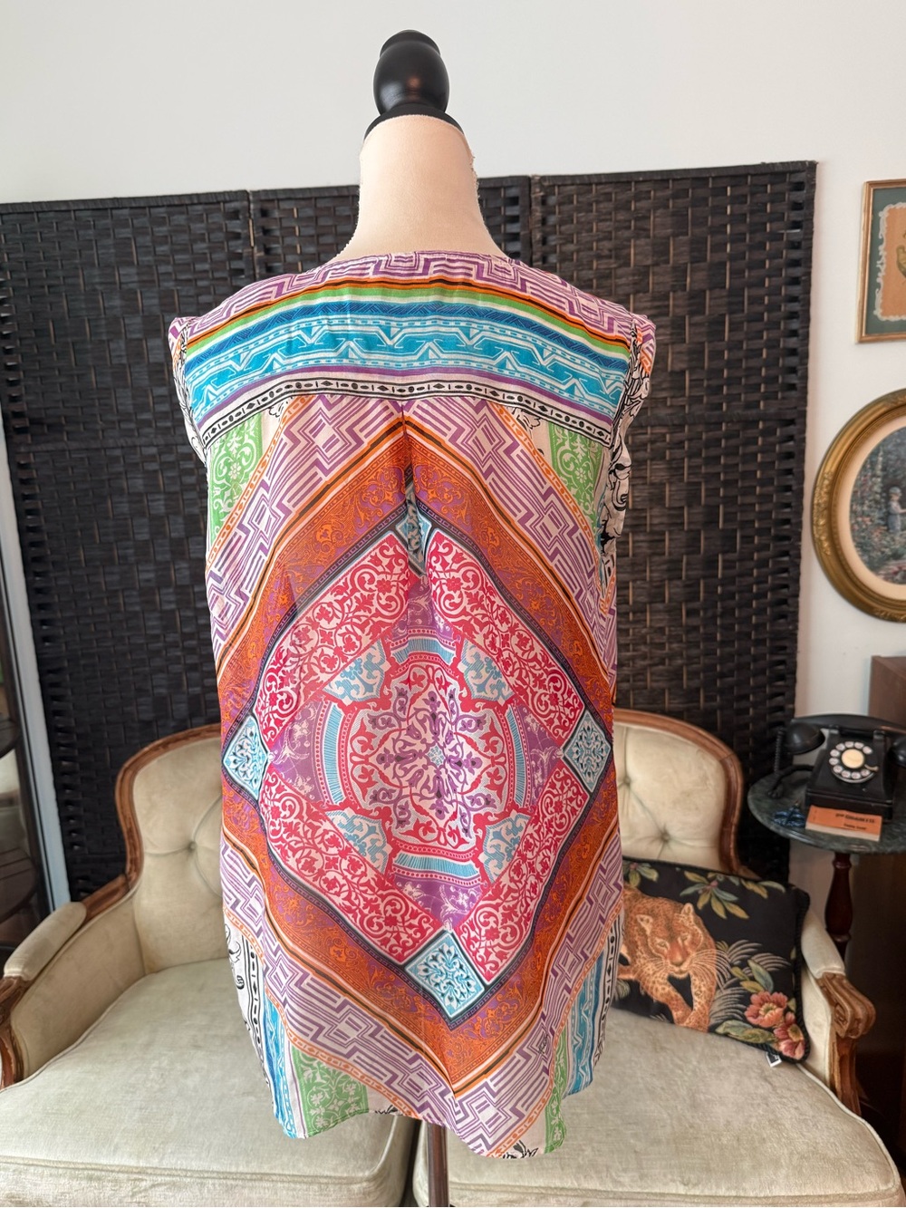 🌺 Hale Bob 100% Silk Sheer Sleeveless Tunic Blouse M Boho Luxe Medallion Print - Picture 6 of 11